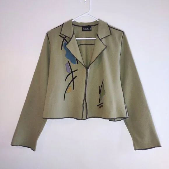 Vintage beppa Wool Jacket Olive Green Abstract Floral Boho Artsy Retro Small - Picture 2 of 8